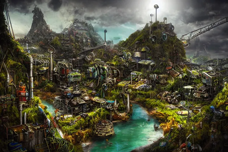 Prompt: sci - fi favela sculpture, fantasy jungle environment, industrial factory, cliffs, sunny, milky way, award winning art, epic dreamlike fantasy landscape, ultra realistic,