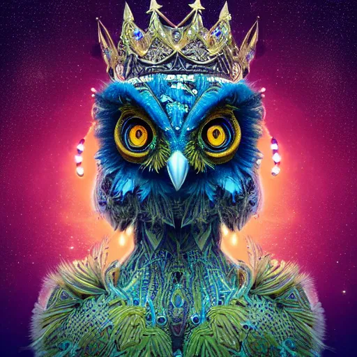 Image similar to detailed portrait of a alien magical owl, wearing a diamond crown, glowing feathers, halfway through, hyper detailed, stylistic, symmetrical, ethereal bohemian, detailed render, hdr, octane render