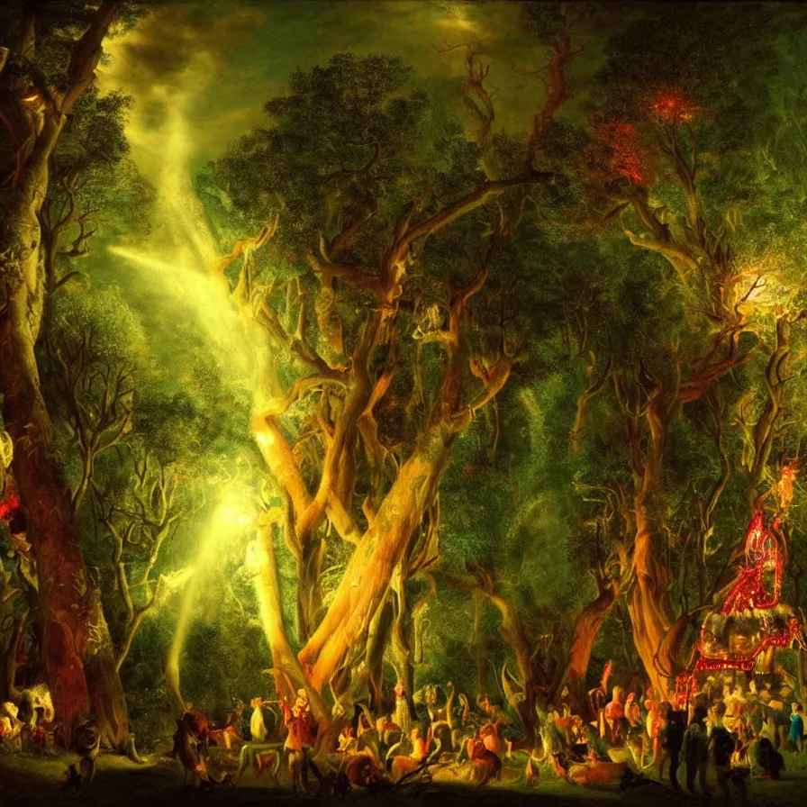 Prompt: closeup of a night carnival inside a tree cavity in a magical forest in the middle of a summer storm, with a music scenario with many fireworks and christmas lights, volumetric lightning, instense god rays in the sky, folklore people disguised with fantastic creatures in a magical forest by summer night, masterpiece painted by george stubbs, very coherent and colorful high contrast masterpiece,