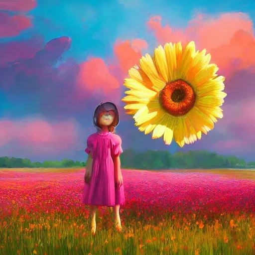 Prompt: giant daisy flower as head, girl standing straight in a flower field, surreal photography, sunrise, dramatic light, impressionist painting, colorful clouds, digital painting, artstation, simon stalenhag