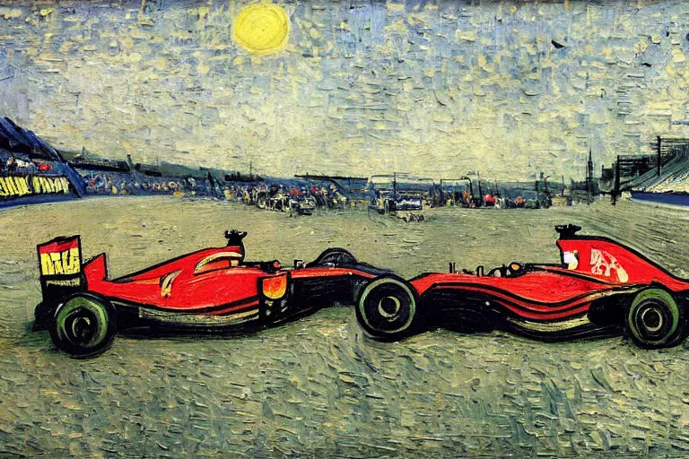 Image similar to formula 1 racing as painted by van gogh, detailed, wet brush, poster art