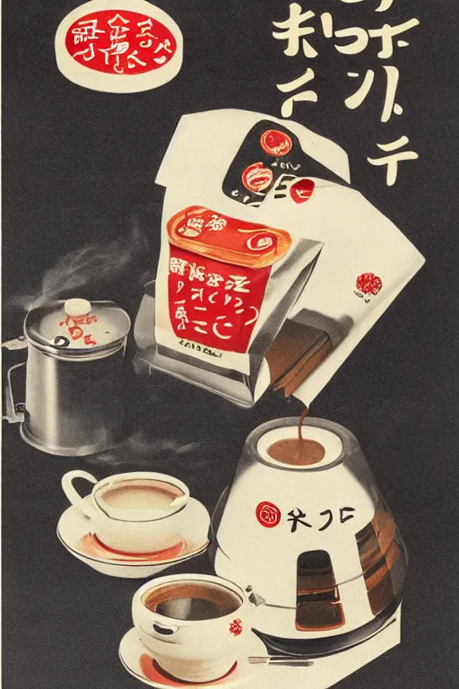 Image similar to coffee advertisment, still life, 1 9 7 0 s japan shouwa advertisement, print, nostalgic