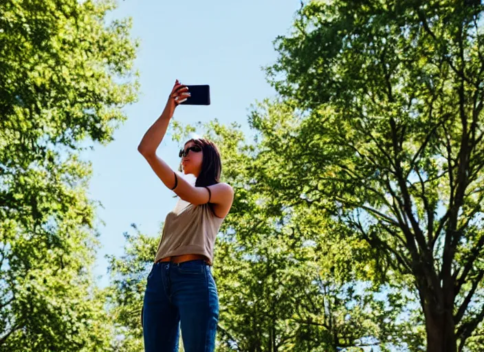 Image similar to photo still of a bronze statue of a woman using an iphone to take a selfie in a park on a bright sunny day, 8 k 8 5 mm f 1 6