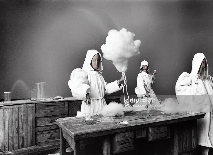 Image similar to realistic photo two medieval female scientists wearing white cotton doing an experiment with a cloud and rainbow, living room interior is made of wood 1 9 9 0, life magazine reportage photo