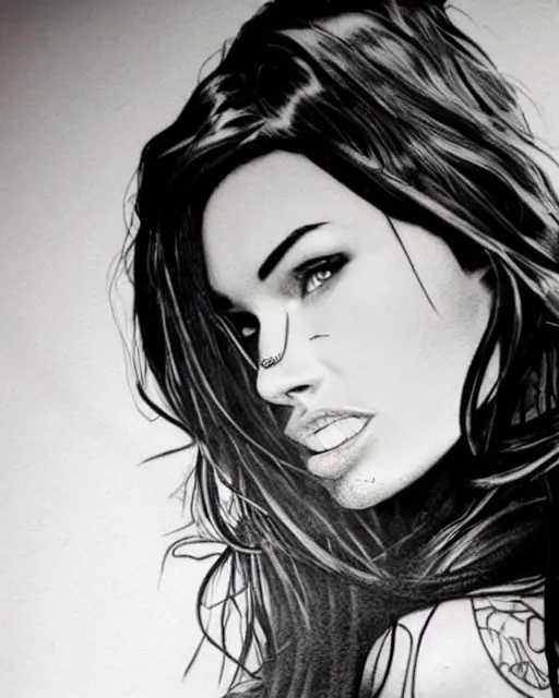 Image similar to realism tattoo design sketch of megan fox face blended with beautiful mountain scenery, in the style of dan mountford, double exposure photography, hyper realistic, amazing detail, black and white