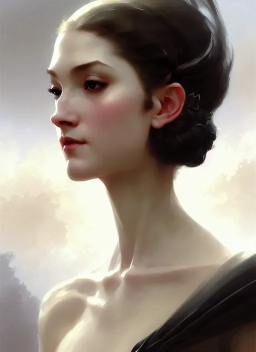 Image similar to character concept portrait of a woman with pointy ears and an elegant gown, pale face, intricate, elegant, digital painting, concept art, smooth, sharp focus, illustration, from Metal Gear, by Ruan Jia and Mandy Jurgens and William-Adolphe Bouguereau, Artgerm