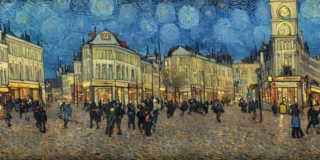 Image similar to highly detailed painting of whitechapel 1888 by van gogh, trending on artstation, 8K, ultra wide angle, pincushion lens effect