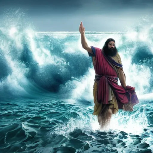 Prompt: a photo of moses with his arms wide, splitting the sea, big water walls creating a pathway to cross the sea, beautiful scenery, cinematic