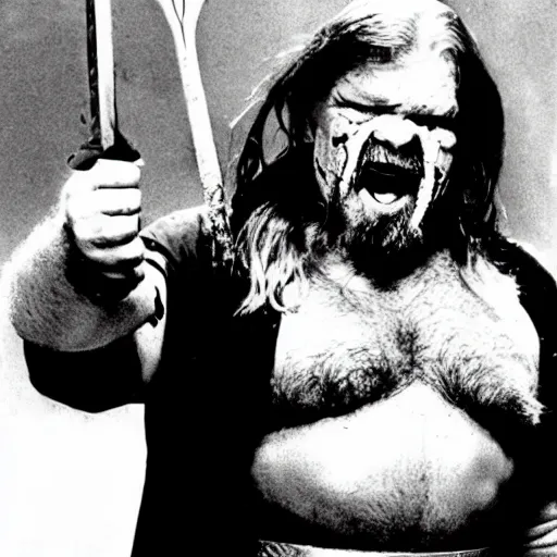 Image similar to hacksaw jim duggan as a horror movie villain