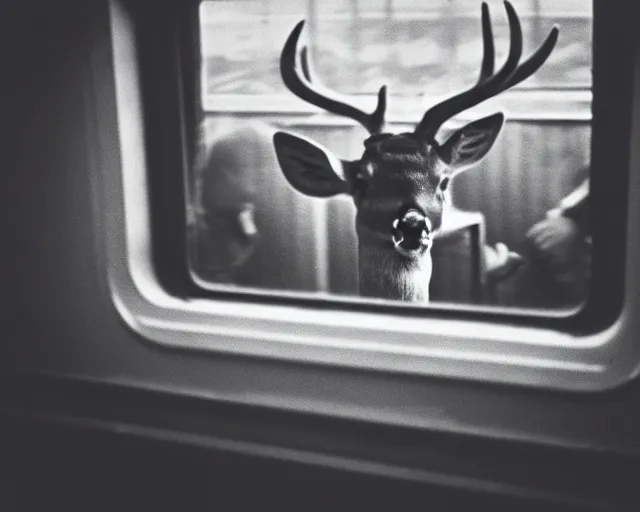 Image similar to a lomography photo of rumble between two human with deer head in soviet train this morning, bokeh,