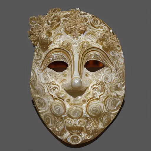 Image similar to photography of a venetian woman mask sculpted in white opalescent marble, with lots of thin golden ornaments, fusing with a luminous background, fractal art, intricate, 8 k, white box, cinematic light, high aperture