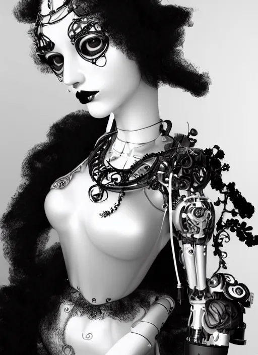 Prompt: black and white dreamy foggy poetic smoky profile face portrait, one silver steampunk realistic eye biomechanical beautiful angelic young female cyborg - robot bust, body ribs meshes,, volumetric light, hibiscus flowers, rim light, big gothic fashion pearl embroidered collar, 1 9 3 0, 8 k