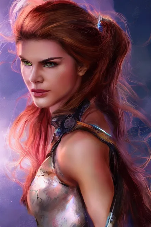 Image similar to mix of beautiful young maria shriver, mariel hemmingway, brooke shields, nicole kidman and elle macpherson as a young amazon warrior, thin lips, hair tied up in a pony tail, dark blonde hair, colorful, artstation, cgsociety