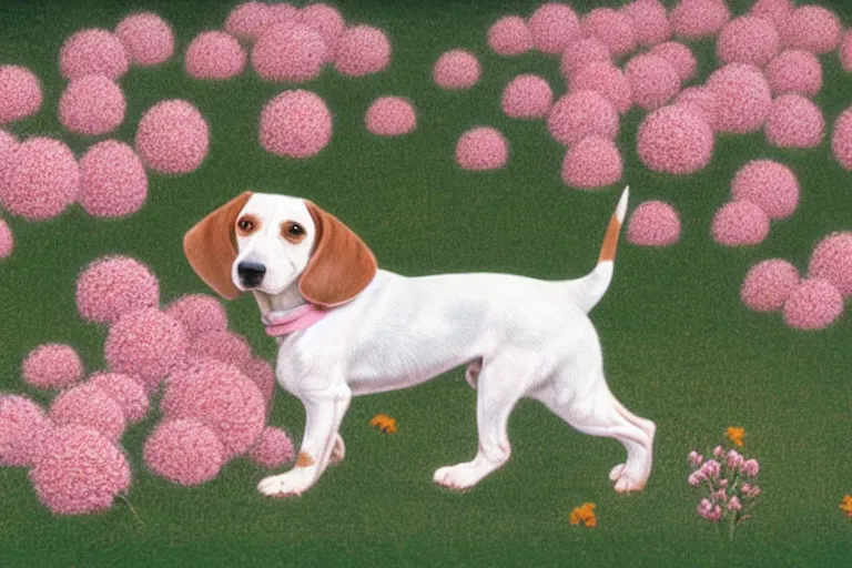 Image similar to white and brown beagle dog playing in a full of pink flowers, by Quint Buchholz, pastel colors