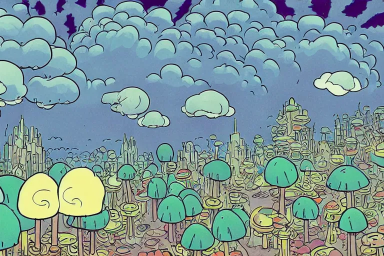 Image similar to mushroom cloud ghost city in the style of studio ghibli, miyazaki, jim woodring, edvard munch