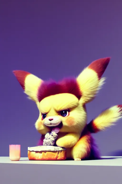 Image similar to high quality 3 d render hyperrealist fluffy very cute pastel grumpy dragon & red panda hybrid eating cheese, vray smooth, in the style of detective pikachu, very dramatic light, low angle, uhd 8 k, shallow depth or field