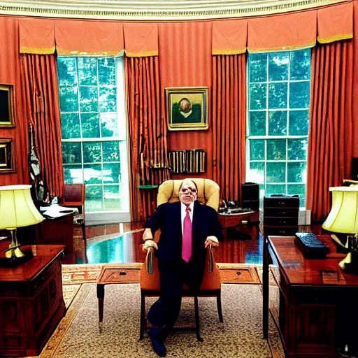 Image similar to portrait of president danny devito!!! sitting in his chair behind the desk in the oval office, annie leibovitz, studio lighting, frank