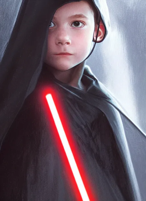 Image similar to perfectly - centered - portrait of a kid wearing black cloak holding light saber, intricate, highly detailed, digital painting, artstation, concept art, smooth, sharp focus, illustration, unreal engine 5, 8 k, art by artgerm and greg rutkowski and alphonse mucha