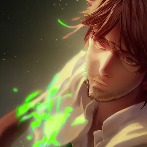 Image similar to insanely detailed. by wlop, ilya kuvshinov, krenz cushart, greg rutkowski, pixiv. zbrush sculpt, octane, maya, houdini, vfx. close - up gorgeous attractive cg anime male character with long hair, parted in the middle, with brilliant green glowing eyes. cinematic dramatic atmosphere, sharp focus, volumetric lighting.