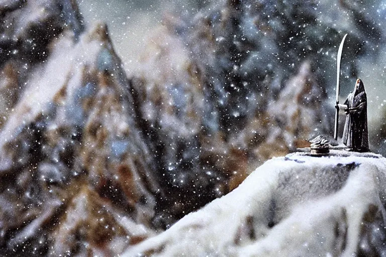 Prompt: A diorama of Gandalf on a snowy mountain, tilt shift, detailed