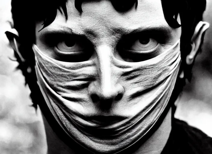 Prompt: young man with black fabric mask, short dark hair, true anatomy!, photorealistic, film still, style of lord of the ring by peter jackson - h 7 6 8