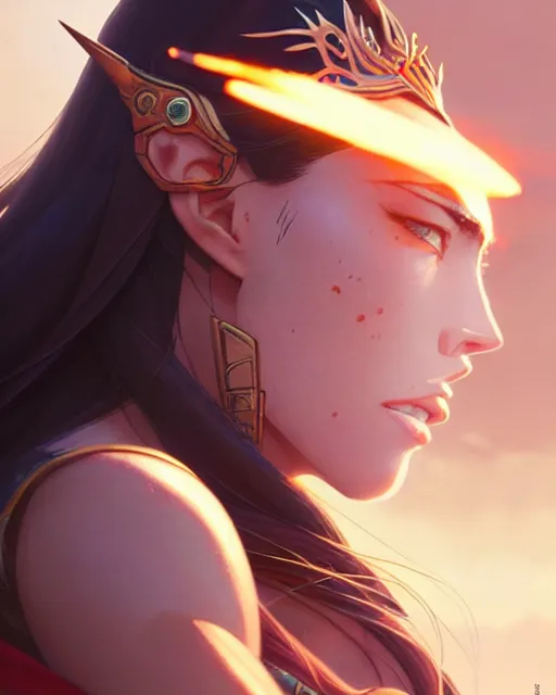 Image similar to azctec warrior, megan fox, detailed perfect face, exquisite details, fire magic, mid view, design on a white background, by studio muti, greg rutkowski makoto shinkai takashi takeuchi studio ghibli