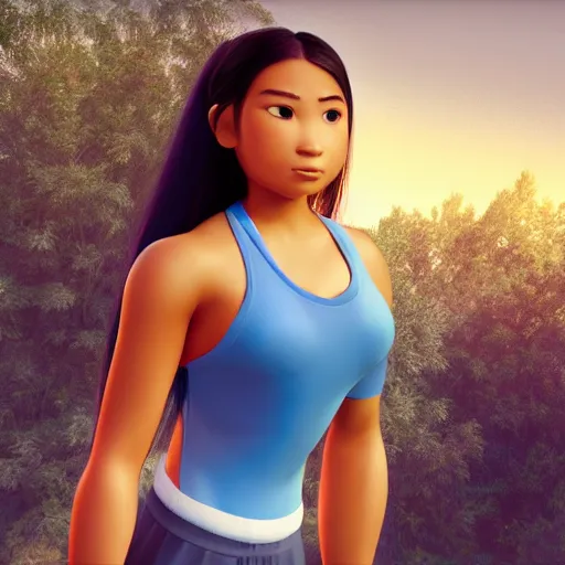 Image similar to young beautiful athletic Filipino woman with long hair posing, depicted as adult Pixar character, high quality cg render, 4k