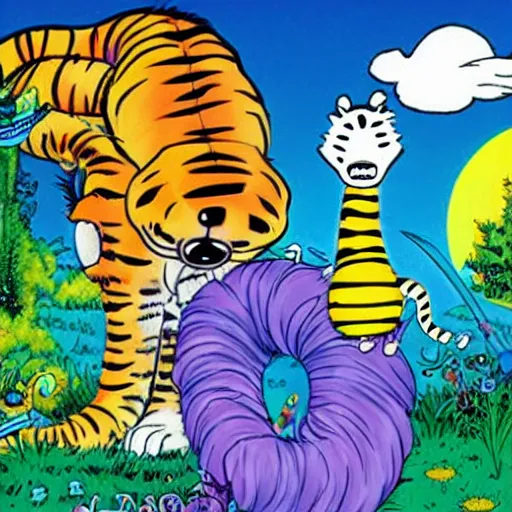 Image similar to calvin and hobbes, lisa frank style