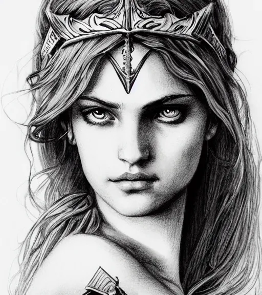 Image similar to beautiful aphrodite goddess wearing an arrow on her head, realistic face, beautiful eyes, black and white drawing, in the style of greg rutkowski, fantasy, amazing detail, epic, intricate, elegant, smooth, sharp focus