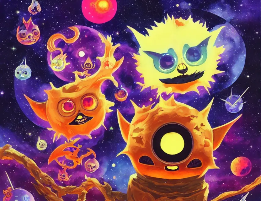 Prompt: the elder furby ruling over celestial bodies. this gouache painting by the award - winning mangaka has dramatic lighting, an interesting color scheme and intricate details.