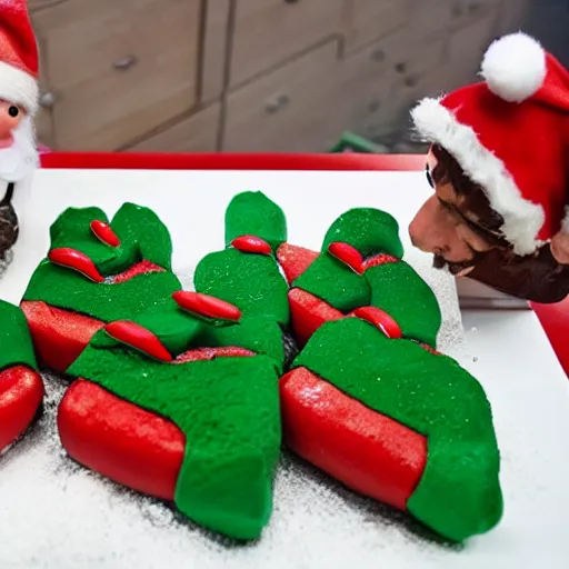 Prompt: Santa's elves cooking weed cakes in arctic secret base