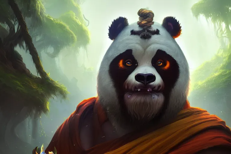 Image similar to < important > amazing portrait of the pandaren monk of the forest < / important >, hearthstone splash art, deiv calviz, splash art, natural light, elegant, intricate, fantasy, atmospheric lighting, by greg rutkowski, hearthstone splash art, hd wallpaper, ultra high details