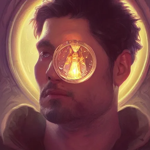 Image similar to man holding he's soul in a jar portrait, backlight, rim lighting, deep focus, d & d, fantasy, intricate, elegant, highly detailed, digital painting, artstation, concept art, matte, centered, sharp focus, illustration, hearthstone, art by artgerm, greg rutkowski and alphonse mucha