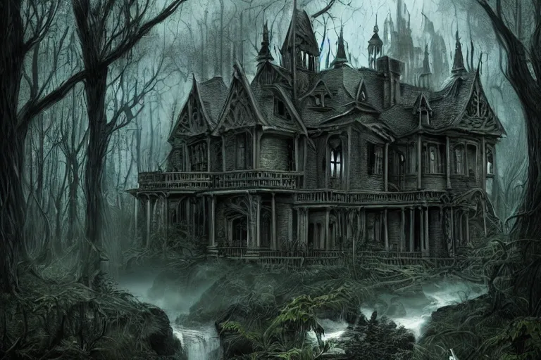 Prompt: haunted mansion next to a ravine and stream and forest, low fantasy, detailed, intricate, elegant, haunting, luxurious, ominous, matte painting, dark fantasy, grimdark