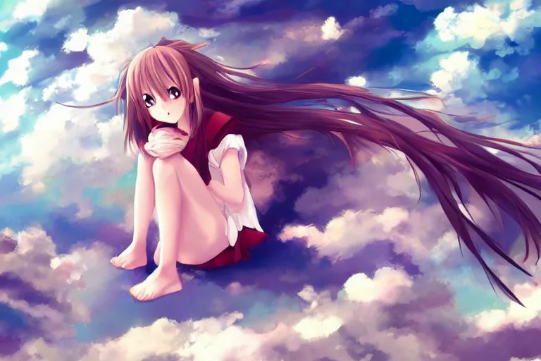 Image similar to a cute anime girl sitting on a cloud, digital art, anime,