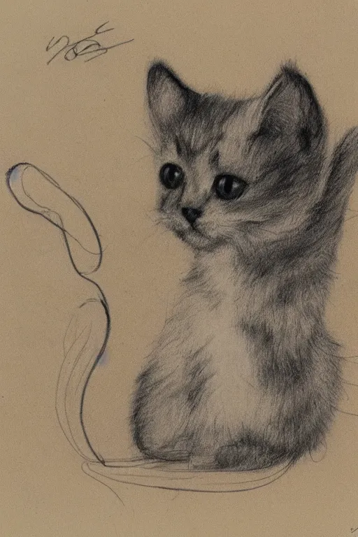 Image similar to 8K UHD cute kitten with floppy ears, drawing by Henry de Toulouse Lautrec, very detailed, matte, tone mapped