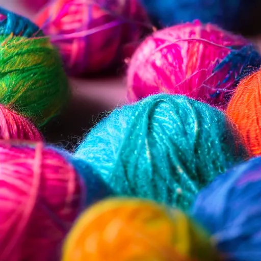 Prompt: hairy colorful balls of yarn in the shape of a halite, 35mm, f1.4, bokeh