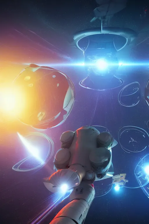 Prompt: wide view of a dozen futuristic spacemen firing lasers, zero gravity, floating, in space, bright, hiding behind obstacles, surrounded by a laser grid, stars visible, unreal engine, lensflares, low perspective, fish eye