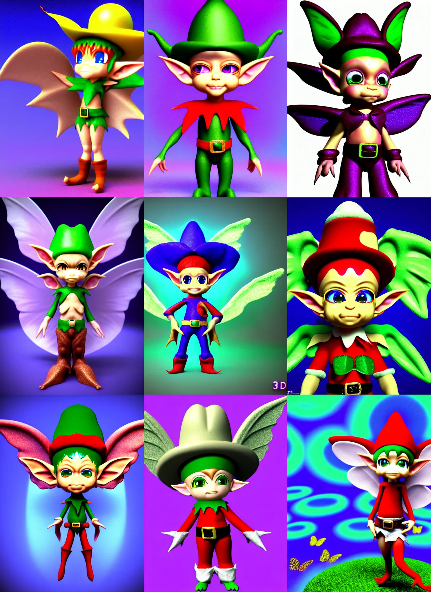 Prompt: 3d render of chibi elf gremlin in the style of Ichiro Tanida wearing a big cowboy hat and wearing angel wings against a psychedelic swirly background with 3d butterflies and 3d flowers n the style of 1990's CG graphics 3d rendered y2K aesthetic by Ichiro Tanida, 3DO magazine