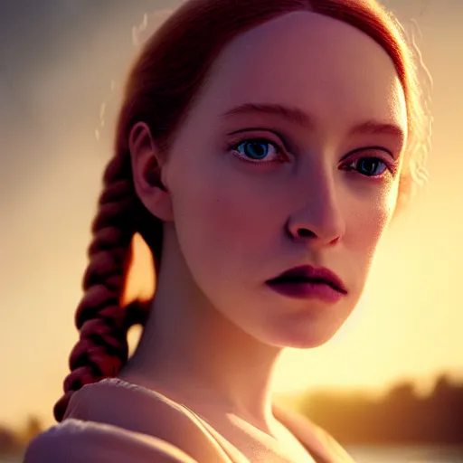 Image similar to photographic portrait of a stunningly beautiful english renaissance female in soft dreamy light at sunset, beside the river, soft focus, contemporary fashion shoot, in a denis villeneuve and tim burton movie, by edward robert hughes, annie leibovitz and steve mccurry, david lazar, jimmy nelsson, extremely detailed, breathtaking, hyperrealistic, perfect face, octane render