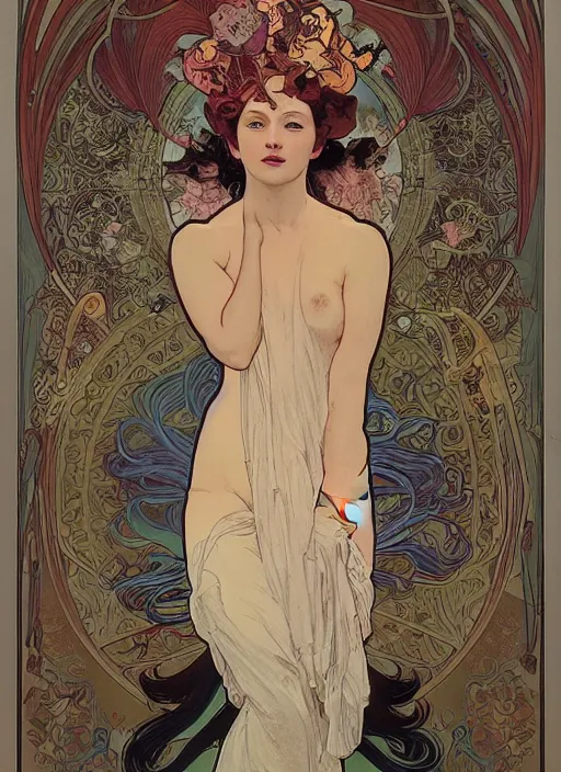 Prompt: a woman by james jean, alphonse mucha, brian despain, will murai, linn olofsdotter, sam weber, jinyoung shin, joy ang, andrey gordeev, mark verhaagen, paul davey, craig mullins, shane prigmore, ryohei hase, andrew wyeth, szukalski