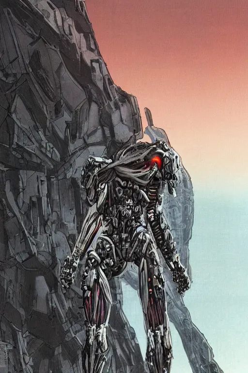 Prompt: cyborg warrior in nanosuit with powerful biological muscle augmentation, at dusk, a color illustration by tsutomu nihei and tetsuo hara