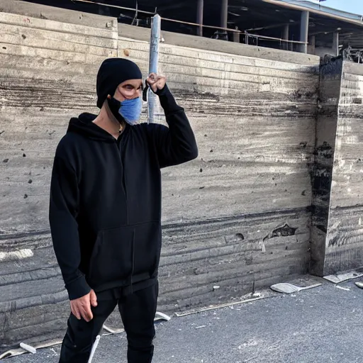 Prompt: photo of a man who dabs, in black hoodie and black pants, broad daylight in front of construction site barier wall