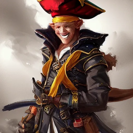 Prompt: dashing charming ginger grinning charismatic elf male rogue, wearing pirate captain's tricorne hat, naval background, amazing, trending on art station, artgerm, Greg rutkowski