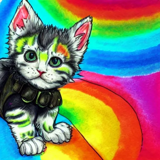 Image similar to wide angle full body, of a fluffy cute rainbow kitten wearing a black leather motorcycle jacket, concept art