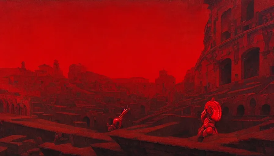Image similar to only with red, a lightly armored gladiator in a crowded roman amphitheatre, crowd cheering, in the style of beksinski and edward hopper and rodcenko and yue minjun and artgerm, intricate and epic composition, red by caravaggio, highly detailed, masterpiece, red light, artstation, art nouveau