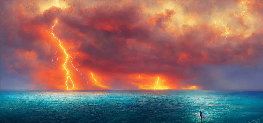 Image similar to aerial painting of a giant beautiful female, standing deep in the ocean, the sky and islands are on fire, atmospheric lightning, godray, concept art, in the style of bob byerley, 8 k high details