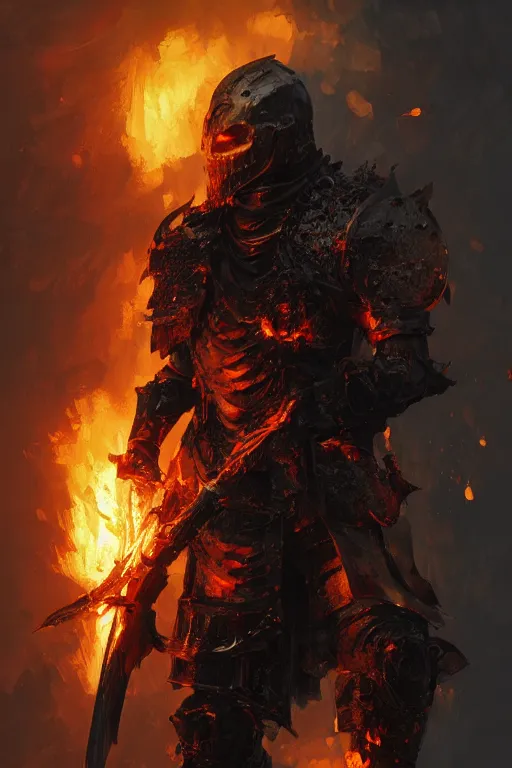 Prompt: an undead knight, flaming, burnt armor, dark, high detail, gritty texture, Artstation, Ruan Jia