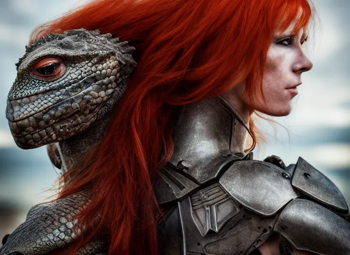 Image similar to 5 5 mm photo of an armored redhead woman with a lizard sitting on her shoulder by luis royo. highly detailed 8 k. intricate. lifelike. soft light. nikon d 8 5 0. cinematic post - processing