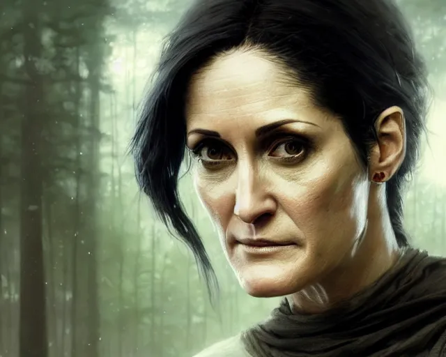 Image similar to highly detailed portrait of carrie - ann moss in the walking dead, stephen bliss, unreal engine, fantasy art by greg rutkowski, loish, rhads, ferdinand knab, makoto shinkai and lois van baarle, ilya kuvshinov, rossdraws, tom bagshaw, global illumination, radiant light, detailed and intricate environment